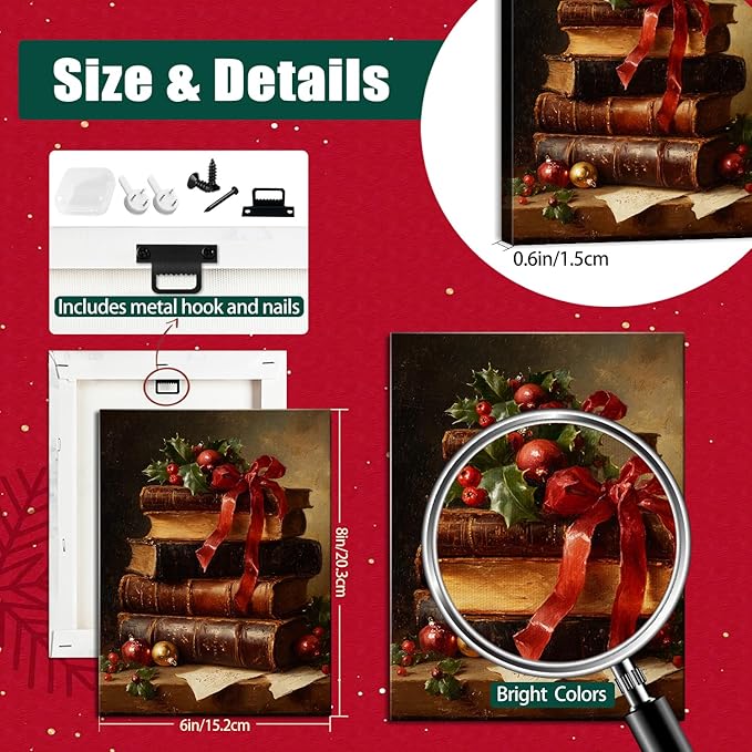 Dark Academia Christmas Canvas Wall Art - Vintage Books & Holly Framed Print for Library Reading Nook, Moody Winter Decor, Unique Christmas Gifts for Book Lovers & Festive Decorations