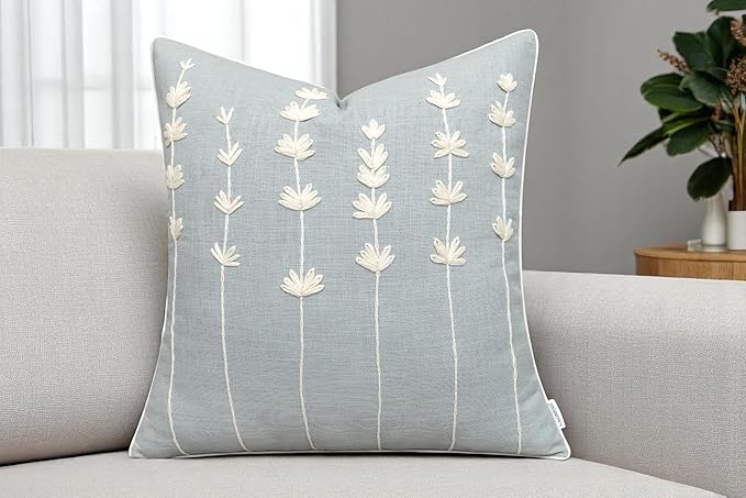 VAGMINE Hand Embroidered Daisy Accent Throw Pillow Cover - 18x18 Inches Square - 100% Cotton Robins Egg Decorative Cushion Cover for Couch, Sofa, Chair - Textured Embroidery - Boho Floral Home Décor