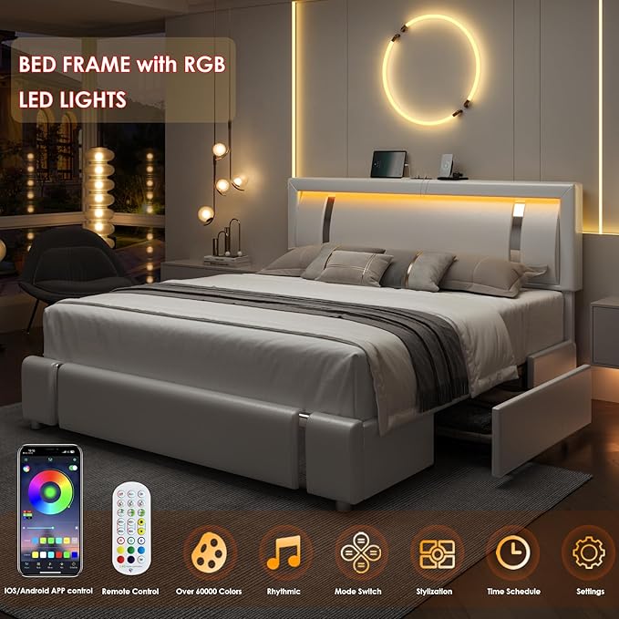 Keyluv King Size Bed Frame with RGB LED Lights & 2 Storage Drawers, Modern Upholstered Platform Bed with Iron Metal Decor, USB Charging Ports, White