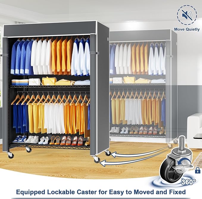 P8C Heavy Duty Clothes Rack（With Extended Width Design） Rolling Clothing Racks for Hanging Clothes with Lockable Wheels，51.2" W x 15.8" D x 80.5" H，Max Load 700LBS，Black Rack with Grey Cover