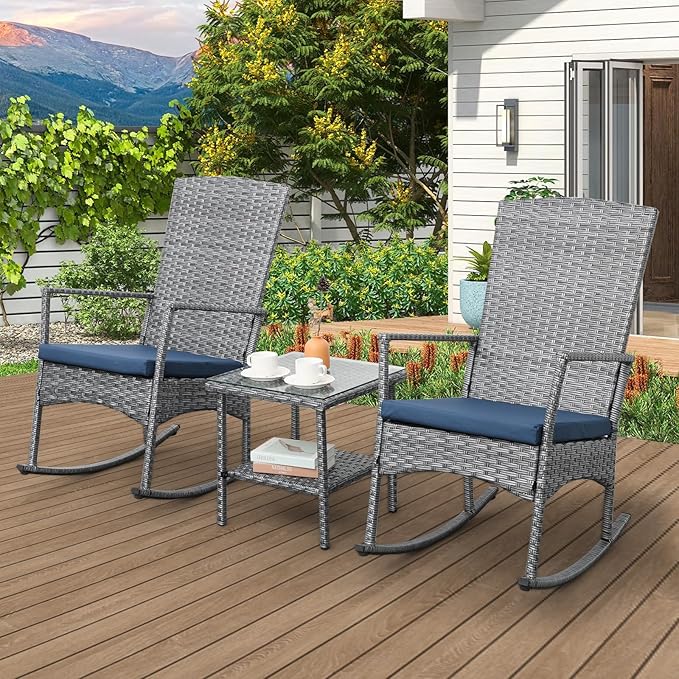 Rocking Chair Outdoor 3 Pieces High-Backed Patio Rocking Chairs Bistro Table and Chairs Set of 2, Navy Blue