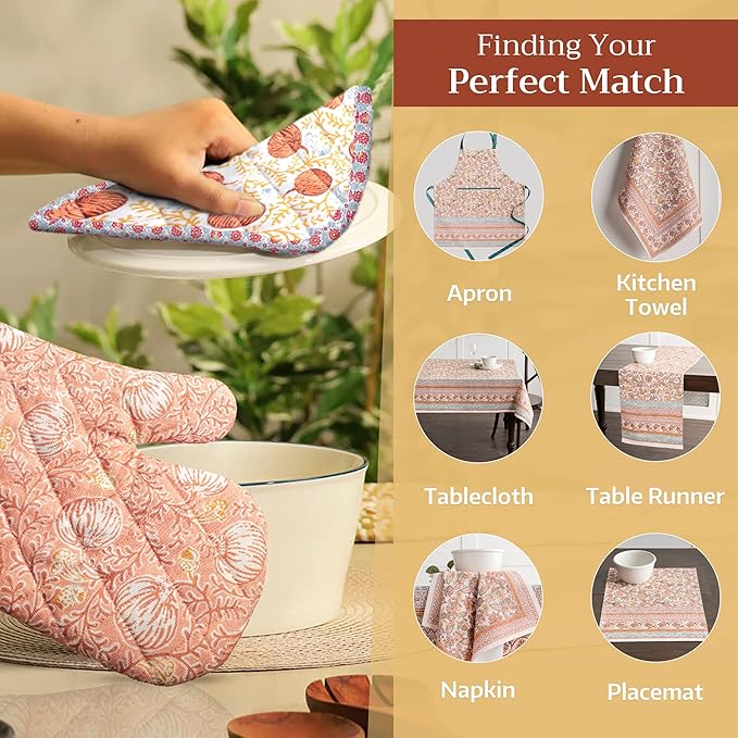 Maison d' Hermine 100% Cotton Oven Mitt & Pot Holder Set (7.5"x13" & 8"x8") Heat Resistant BBQ Cooking Gloves with Loop for Thanksgiving Christmas Decorations Handling Hot Pans (Nila)