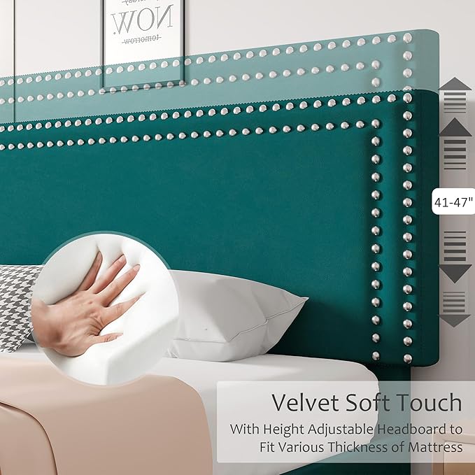 VECELO Bed Frame Queen Size with Adjustable Upholstered Headboard, Wooden Slats Platform, Noise-Free Design, Easy Assembly