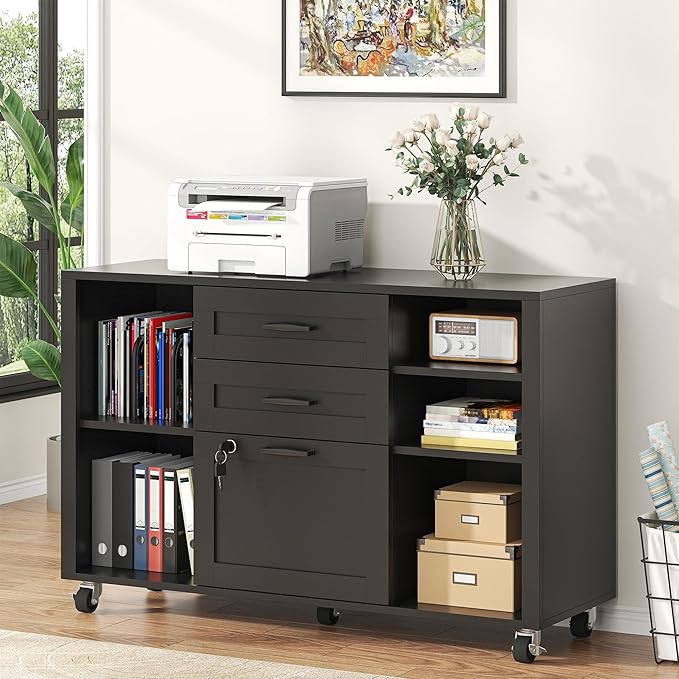 Semoic 3 Drawer Wood Lateral File Cabinet with Lock, Rolling Mobile Filing Cabinet with Open Storage Shelves, Printer Stand Office Storage Cabinet for Home Office Fits Files Legal/A4 Size, Black