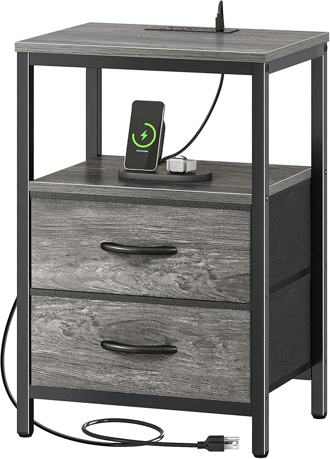Huuger Nightstand with Charging Station, Fabric Drawers, End Table with Open Shelf, Bedside Table with USB Ports and Outlets, Night Stand for Bedroom, Gray