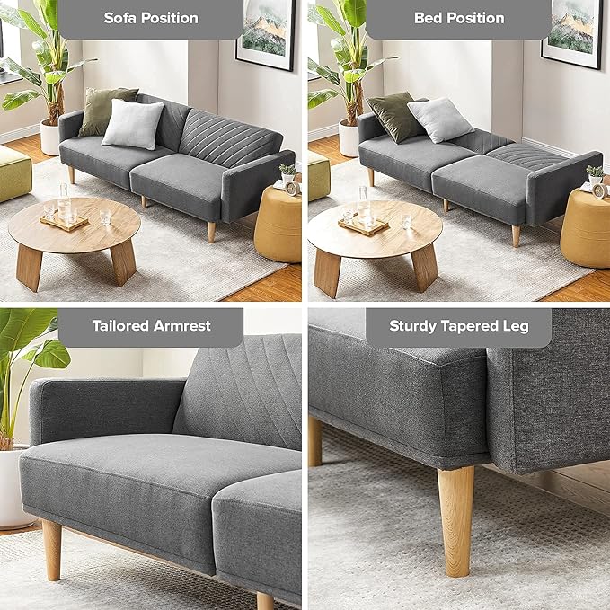 mopio 76.8" Futon Sofa Bed, Small Couch, Sleeper, Loveseat, Mid Century Modern Futon Couch, Sofa Cama, Couches for Living Room (Dark Gray Fabric)