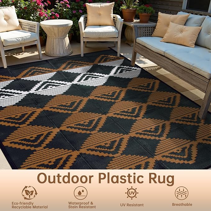 Beeiva Waterproof Outdoor Rug 6x9, Reversible Plastic Straw Rug for Camping, Modern Geometric Large Outside Patio Mat Outdoor Rugs for Porch, Deck, Backyard, Balcony, Picnic - Black & Brown