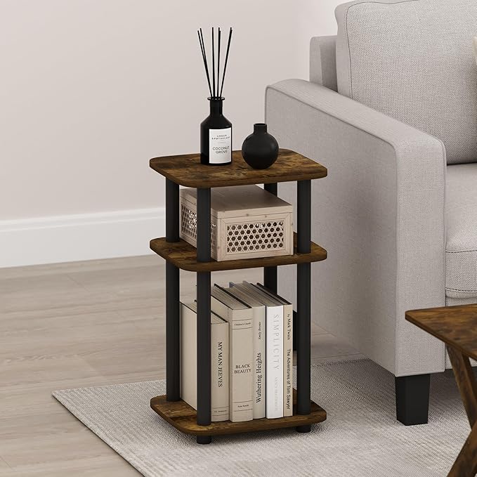 Furinno Just 3-Tier Turn-N-Tube Curve End Table, Side Table, 1-Pack, Amber Pine/Black