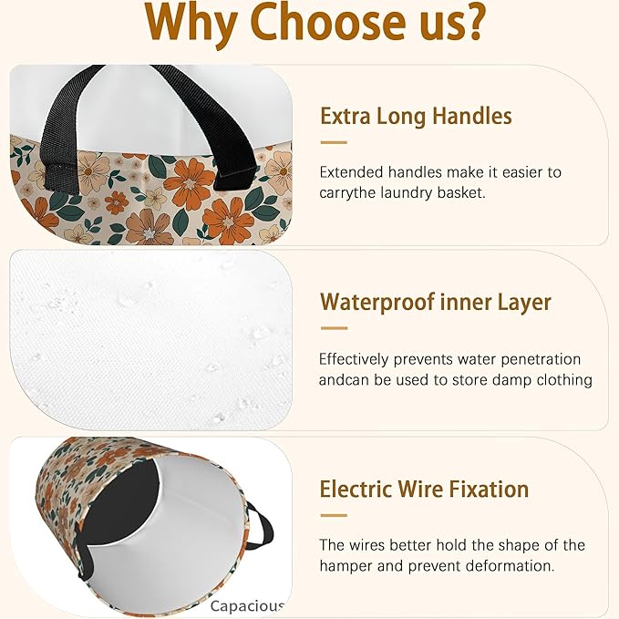 Laundry Hamper,70s Retro Floral Flowers Laundry Basket,Waterproof Foldable Storage Bin for Bedroom,Clothes Organizer Basket,Toys Box 16x20 Inch