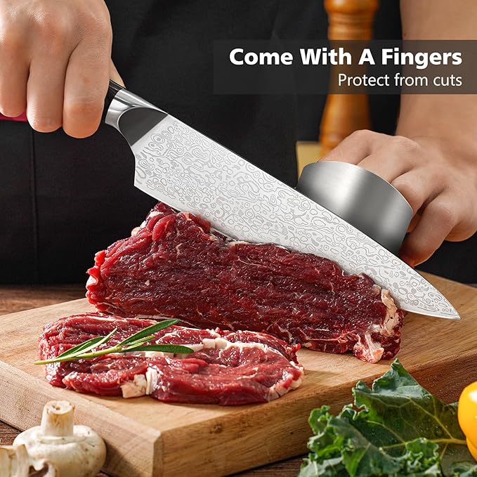 8 Inch Chef Knife, Kitchen Knife with Sharpener and Finger Guard, Professional Steel Sharp Chef's Knife Set with Ergonomic Handle, Gifts for Mom/Dad, Black