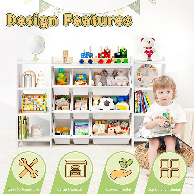 MallBest 4-Tier Kids' Toy Storage Organizer Shelf - 100% Solid Wood, Children's Organizer Cabinet with 9 Plastic Bins and 6 Storage Ports (White)