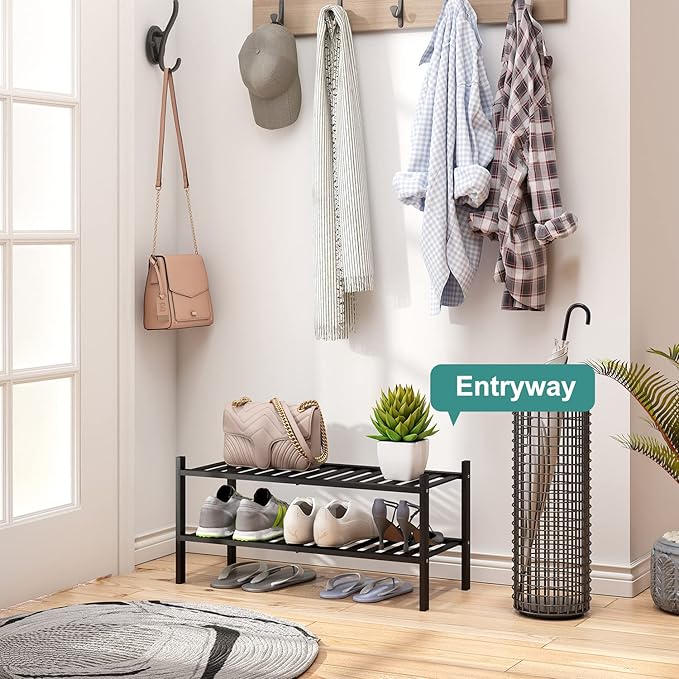 2-Tier Black Bamboo Shoe Rack for Entryway, Stackable | Foldable | Natural, Shoe Shelf Storage Organizer for Hallway Closet, Free Standing Shoe Racks for Indoor Outdoor