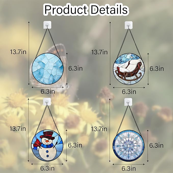 Stained Glass Window Hanging 4 Pcs Set Blue White Christmas Snowman Snowflake 6.3" - Suncatcher Door Garden Sun Catcher Decor Birthday Mother's Day Xmas Gifts for Mom Woman Nana Men