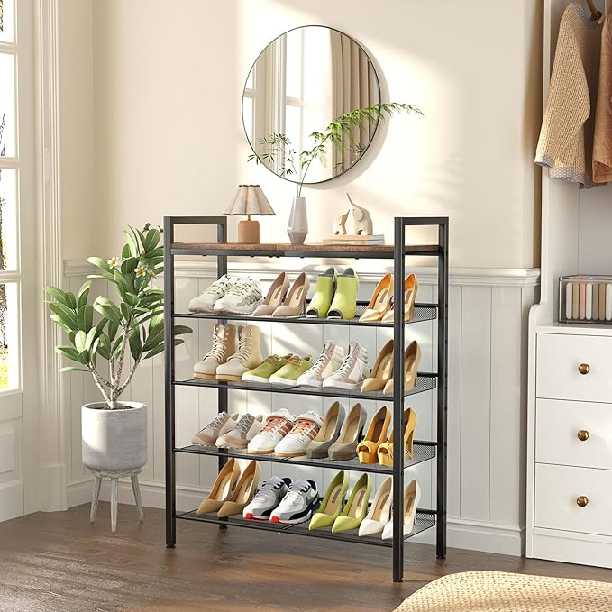 Shoe Rack for Front Door Entrance, 5 Tier Shoe Rack for Entryway, 16-20 Pairs of Shoes, Metal Shoe Rack Organizer, Free Standing Shoe Rack for Closet (Black+Rustic Brown)