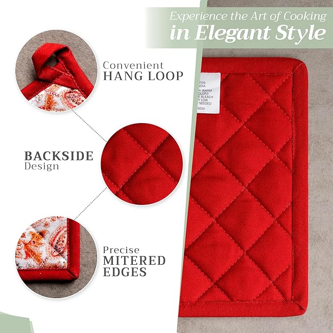 Maison d' Hermine Pot Holders 100% Cotton Heat Resistant Potholders 8" x 8" Hot Pads with Loop for Thanksgiving Christmas Decorations BBQ Cooking Baking Handling Hot Pans (Pack of 1, Orient)