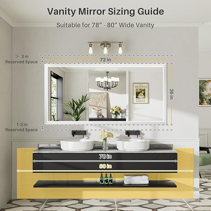 72x36 Inch White Bathroom Mirror for Wall, Thick Metal Framed Rectangle Mirrors for Over Sink, Bedroom, Living Room, Entryway, Anti-Rust, HD Tempered Glass