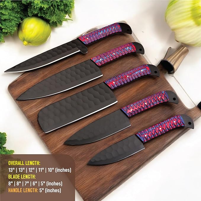 5 PCS Handmade Kitchen Chef Knife Set Hand Forged High Carbon Steel Blade Pakka wood Handle With Leather Bag Kit set included (Chef, Cleaver, Butcher, Paring, Fillet knife, Utility Knife) (Pakka Wood)