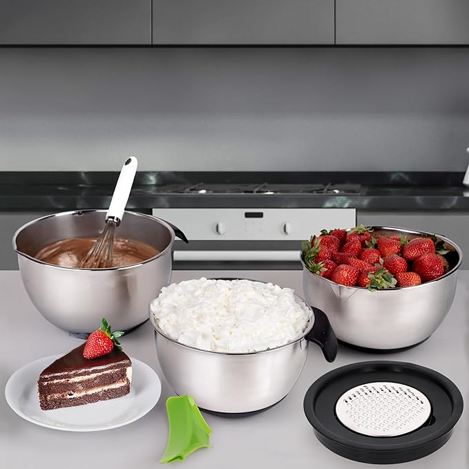 Stainless Mixing Bowl & Lids Holiday BBQ Picnic: Lids Pour Spout Ergonomic Handles For Kitchen With Non Slip Silicone Base Strainer Graters For Kitchen Gift Set