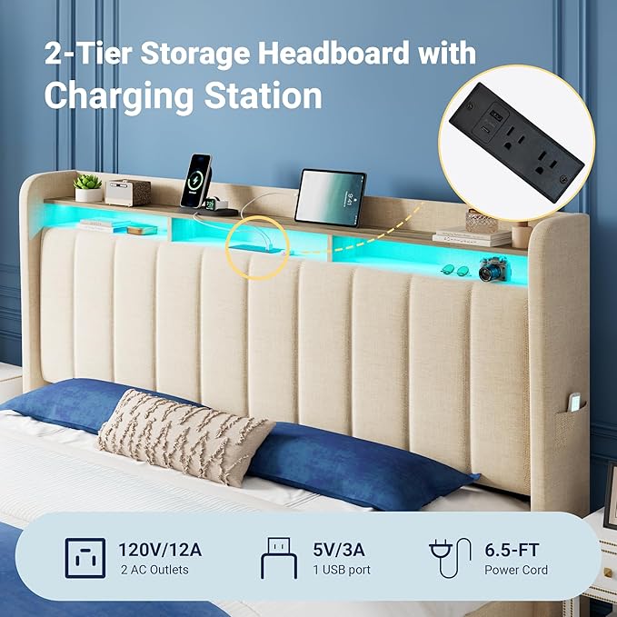 Allewie Vertical Tufted King Size Upholstered Platform Bed Frame with 2-Tier LED Storage Headboard & 2 Storage Drawers, USB & Type-C Charging Ports, Noise-Free/No Box Spring Needed, Beige