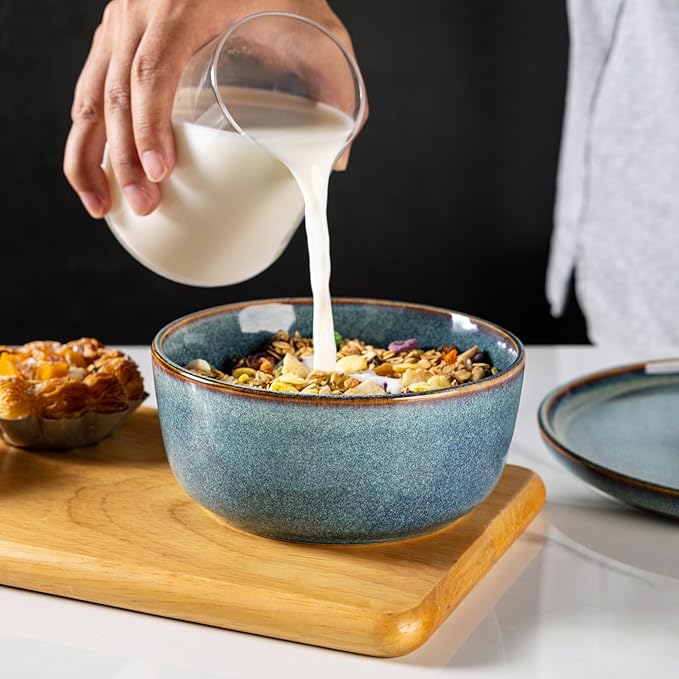 AmorArc Cereal Bowls Set of 6 for Kitchen, 26oz Stoneware Soup Bowls Set for Cereal Soup Meal, Dishwasher &Microwave Safe, Ceylon Blue