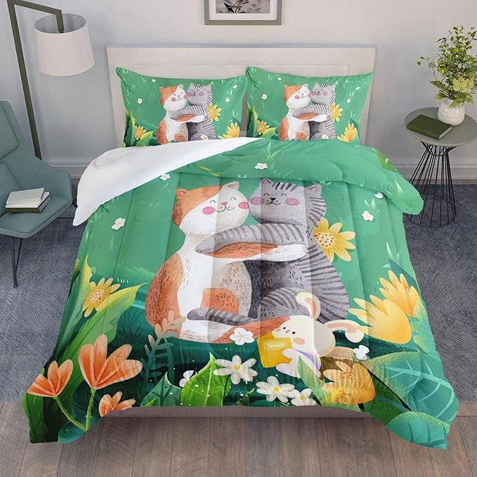 Cute Cat Kids Comforter Bedding Set for Boys Girls, Watercolor Cat Forest Rabbit and Flower Print Comforter with 2 Pillowcases(Cute Cat Full)
