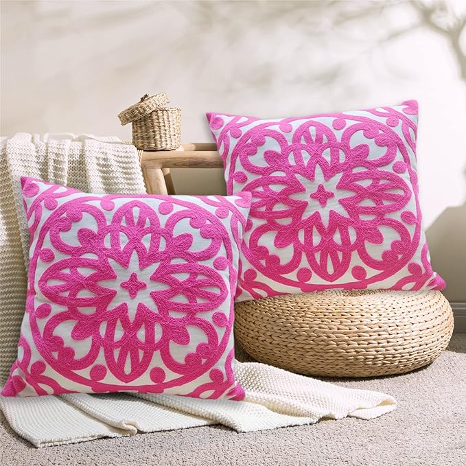 Alysheer Embroidered Decorative Throw Pillow Covers 18"x18" Set of 2 Pieces, Cozy Chic Boho Mandala Knit Pattern, Durable 100% Cotton Canvas Cushion Cases for Sofa Couch Living Room(Vivid Hot Pink)