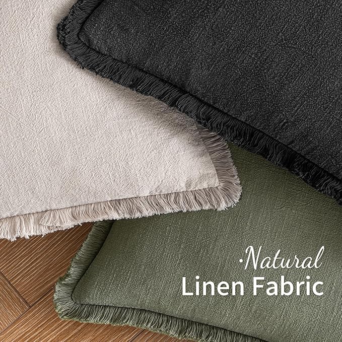MIULEE Decorative Throw Pillow Covers Neutral Linen Fringe Throw Pillows Set of 2 Black Boho Farmhouse Cushion Covers with Tassels for Couch Sofa Bed Living Room Spring Home Decor 20x20 Inch