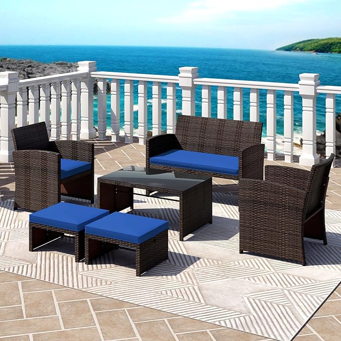 Tangkula 6 Pieces Patio Furniture Set, Outdoor Sectional Conversation PE Rattan Sofa Set with 1 Loveseat, 1 Coffee Table, 2 Armchairs and 2 Ottomans for Garden, Deck, Backyard and Poolside (Navy)