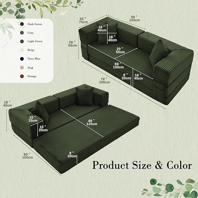 Sectional Boneless Couch Convertible Sofa Bed,78'' Modular Sectional Sleeper Sofa with Removable Armrests & 3 Pillows,Small Floor Couch No Assembly Needed for Living Room, Office, Bedroom,Light Green