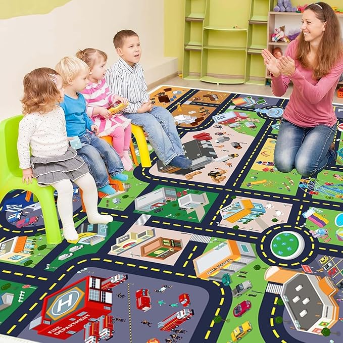 Kids Rug Playroom Car Rug Play Mat City Life Road Rug for Cars Fun City Map for Track Toys,Carpet for Bedroom Boys (city01, 6.6×9.8ft/78×118in)