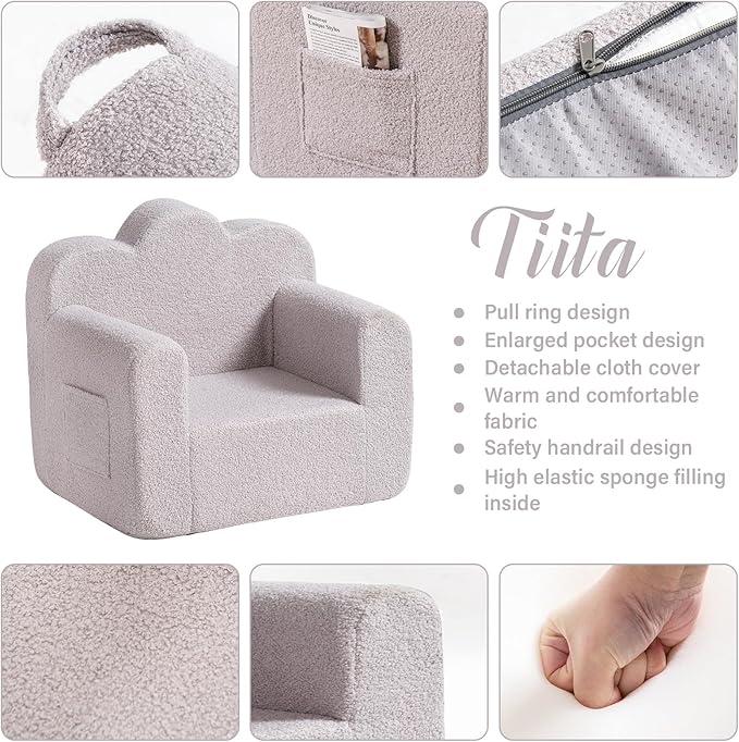 Tiita Kids Couch Sherpa Toddler Chair, Cloud-Like Comfy Kids Sofa Toddler Reading Chair with Washable Cover Carrying Handle, Convertible Children Sofa Chair for Girls and Boys