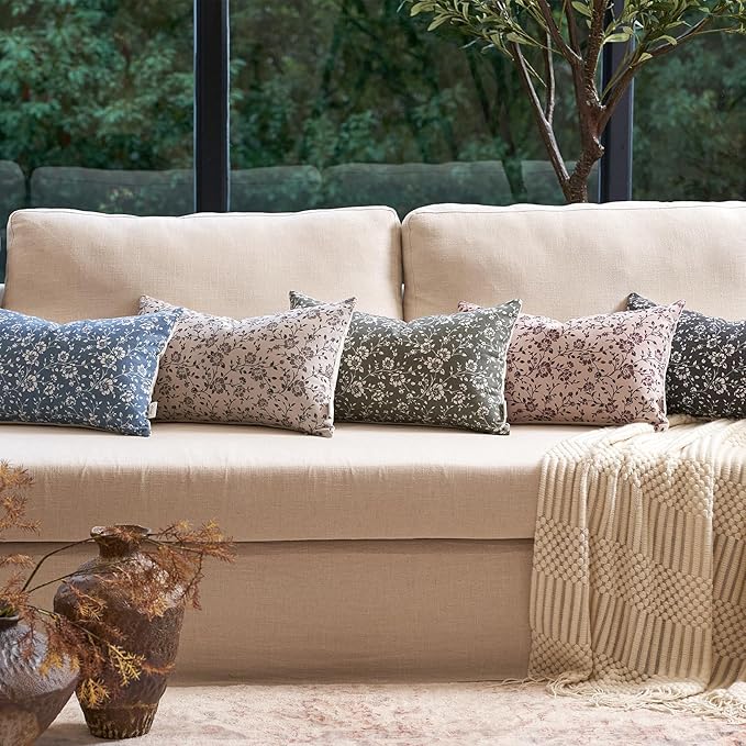 Alerfa Set of 2 Floral Lumbar Pillow Covers 12x20, Vintage Block Print Throw Pillow Covers Decorative Farmhouse Accent Couch Pillows for Living Room Bedroom, Dark Olive-Green