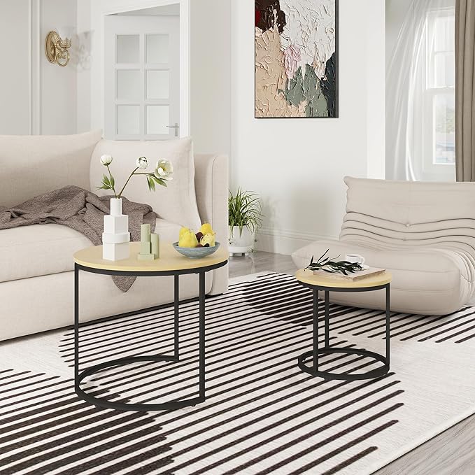 Nesting Tables Set of 2, Round Coffee Table, Small Nesting Coffee Table with Adjustable Non-Slip Fee, Wood Grain Top Nesting Tables for Living Room, Bedroom (Wood Grain Light Brown)