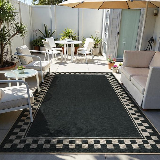 OJIA Easy Jute Area Rug 8x10, Large Outdoor Patio Rugs Washable Rugs for Living Room Checkered Border Farmhouse Indoor Outdoor Carpet Modern Non-Slip Black Rug for Bedroom Backyard Office Decor