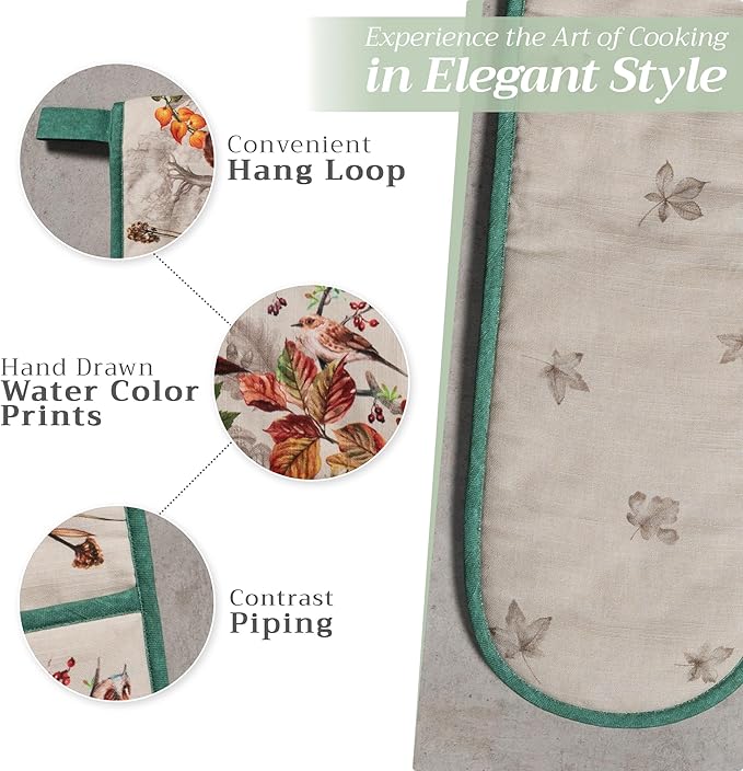 Maison d' Hermine Double Oven Mitt (7" x 35") 100% Cotton Heat Resistant BBQ Cooking Gloves with Loop for Thanksgiving Christmas Decorations Baking Cooking Barbeque Handling Hot Pan (Recolte)