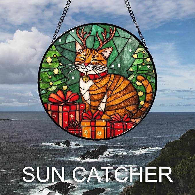 Stained Glass Window Hanging Orange Cat Elk Antler 7.8" - Suncatcher Door Garden Kitchen Sun Catcher Home Decor Birthday Gifts for Lost Pets Mom Men Woman Friend Grandma