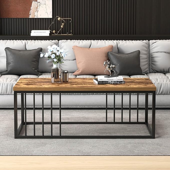 FOLUBAN Coffee Table, Modern Wood and Metal Living Room Table, Industrial Rectangle Cocktail Tea Table, Rustic Brown, 43.3 Inch