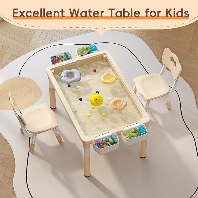 Kids Table and 2 Chairs with Storage, Children Water and Sand Activity Tables Height Adjustable, 34.6''L x 24.4''W Toddler Table for Buliding Blocks, Drawing, Eating, for Kids Age 2-10, Beige