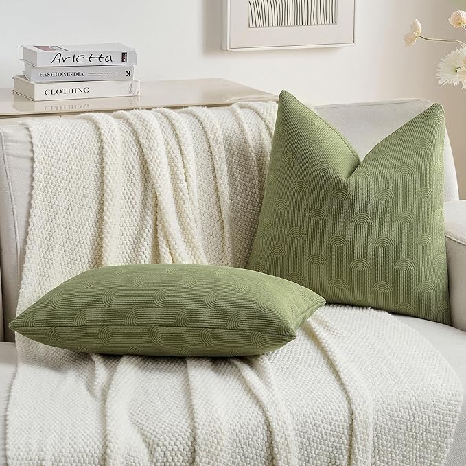 FUTEI Moss Green Chenille Decorative Throw Pillow Covers 12x20 Inch Set of 2,Soft Cozy Striped Geometric Patterns Lumbar Pillow Cases,Modern Home Decor for Couch Bed Living Room