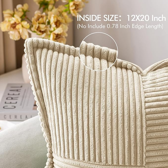 MIULEE Decorative Lumbar Throw Pillow Covers for Couch Bed Livingroom 12x20 Inch Set of 2 Cream Boho Accent Throw Pllows Broadside Striped Patchwork Soft Corduroy Pillowcases