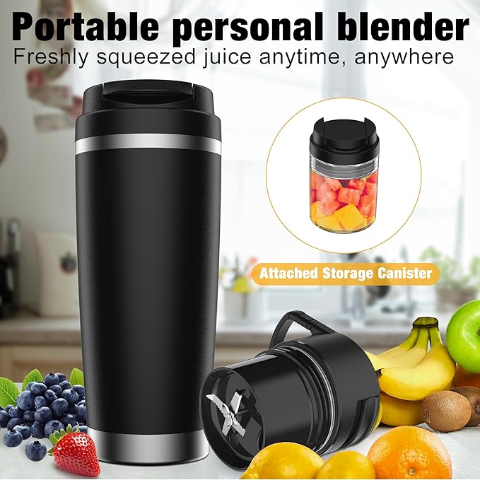Portable Personal Blender 24oz Vacuum Cup Cordless Blender for 120 Watt Rechargeable Personal Size blender With Stainless Steel Bottle Ideal For-Shakes and Smoothies, BPA Free (Black）