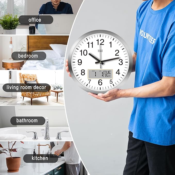 HITO 14 Inch Silent Wall Clock Battery Operated with Temperature and Date, Large Wall Clock for Living Room Decor, Office, Classroom, Bedroom