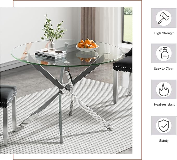 Goujxcy Small Round Dining Table Set for 4, Modern Glass Kitchen Table Chairs Set of 4, 5-Piece Dining Table Set w/36 Circle Silver Glass Dining Room Table and 4 Blue Upholstered Dining Chairs