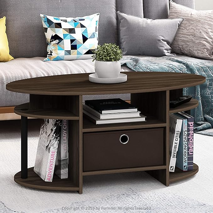 Furinno Jaya Simple Design Oval Coffee Table with Bin for Living Room, Columbia Walnut/Black/Dark Brown