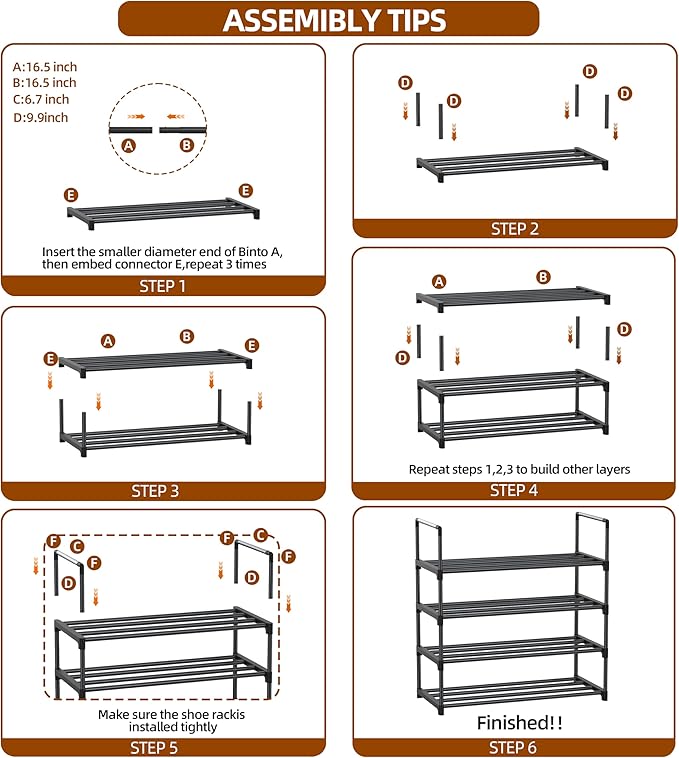 Metal Shoe Rack - 4-Tier Shoe Organizer with Adjustable Shelf Height, Sturdy Shoe Storage Shelf, Perfect for Front Door Entrance, Closet & Entryway, Easy to Assemble, DIY Layering Options (M - 4 Tier)