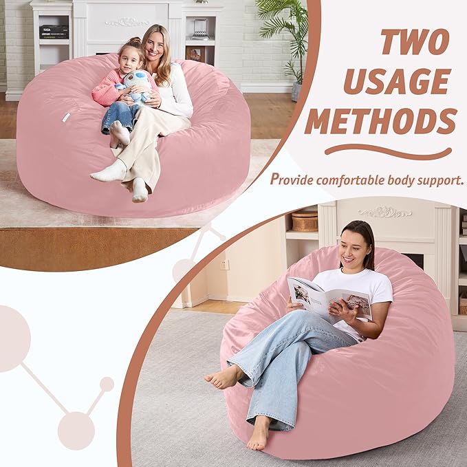 5FT Bean Bag Chair with Ultra Soft Velvet Cover Bean Bag Sofa with Memory Foam Bean Bag Chairs with Large Size Lazy Sofa for Dorm Office Living Room Bedroom Light Pink 5'