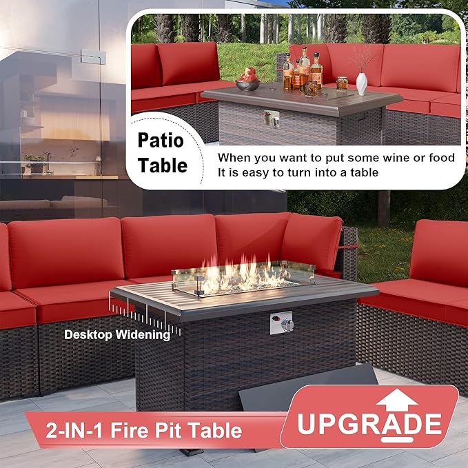 Kurapika 10 Pieces Patio Furniture Set, Rattan Wicker Outdoor Conversation Sets w/43in Propane Fire Pit Table, Swivel Rocking Chairs Patio Sectional Sofa w/4 Inch Cushion, Red