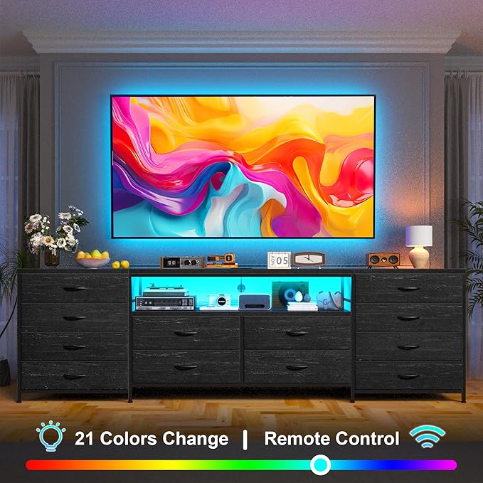 Fits 65,70 inch TV Stand Dresser 63" W TV Console for Bedroom with LED Lights & Power Outlets Black Chest of Drawers with 12 Long Fabric Dressers for Bedroom, Hallway or Closets Entertainment Center