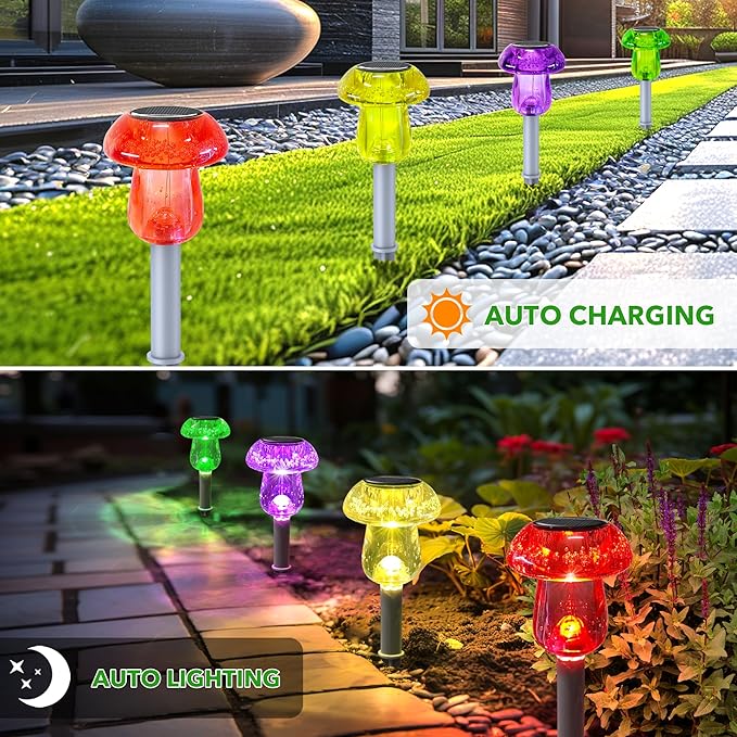 Solar Outdoor Lights, 16 Pack Waterproof Solar Mushroom Lights for Garden Yard Pathway Path Walkway Driveway Lawn Landscape Outside Decor, Yellow Green Purple Red