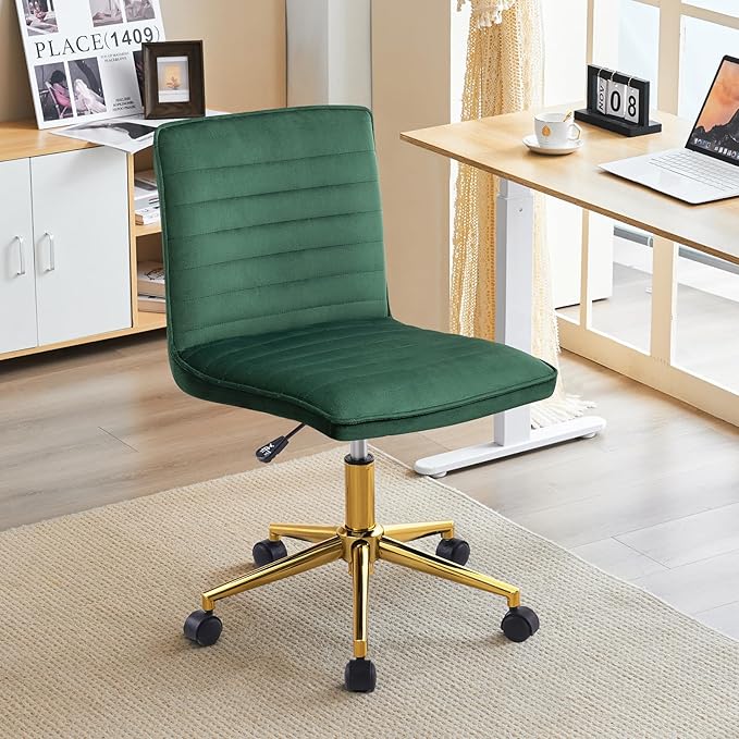 Furnimart Velvet Home Office Armless Desk Chair Adjustable Task Chairs Small Swivel Upholstered Office Chair Students Desk Chair Mid-Back Home Office Chair Dorm Chair (Velvet-DarkGreen)